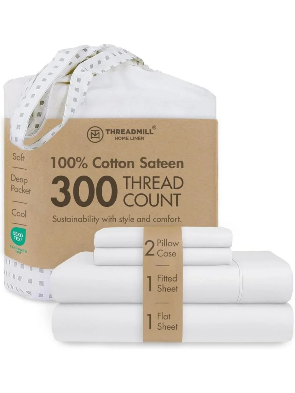 Luxurious 300 Thread Count Cotton Queen Sheet Set - Sateen Finish, Solid White
